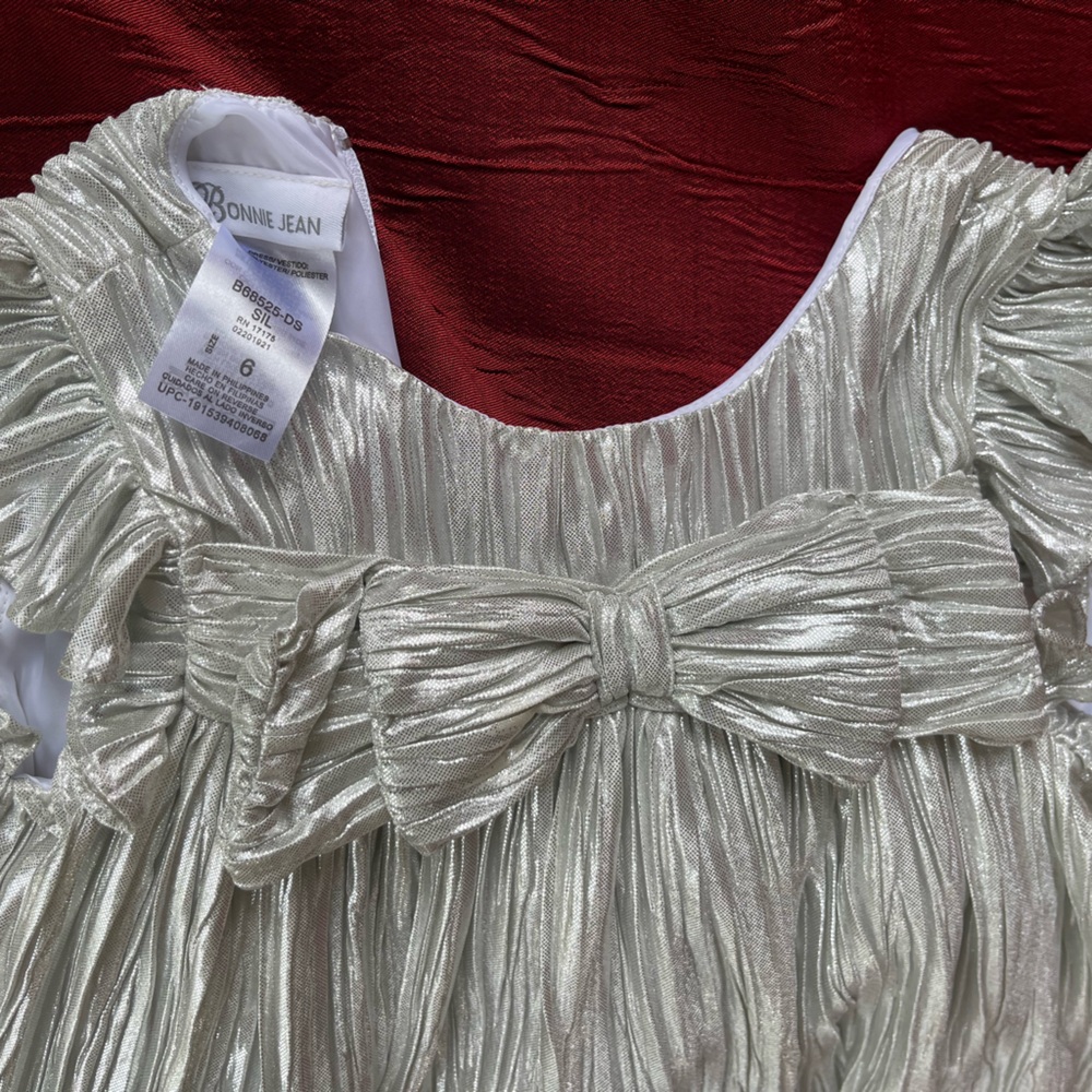 Bonnie Jean Metallic Silver Dress with Bow Accent